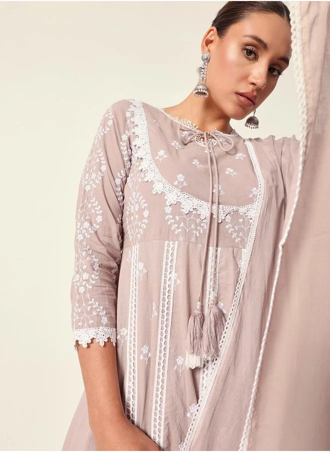آي شين Women's Beige Cotton Textured Tunic Full Palazzo Regular Fit Kurta Set