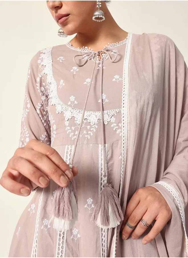 آي شين Women's Beige Cotton Textured Tunic Full Palazzo Regular Fit Kurta Set