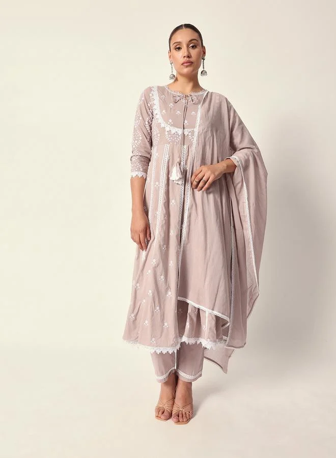 ISHIN Women's Beige Cotton Textured Tunic Full Palazzo Regular Fit Kurta Set