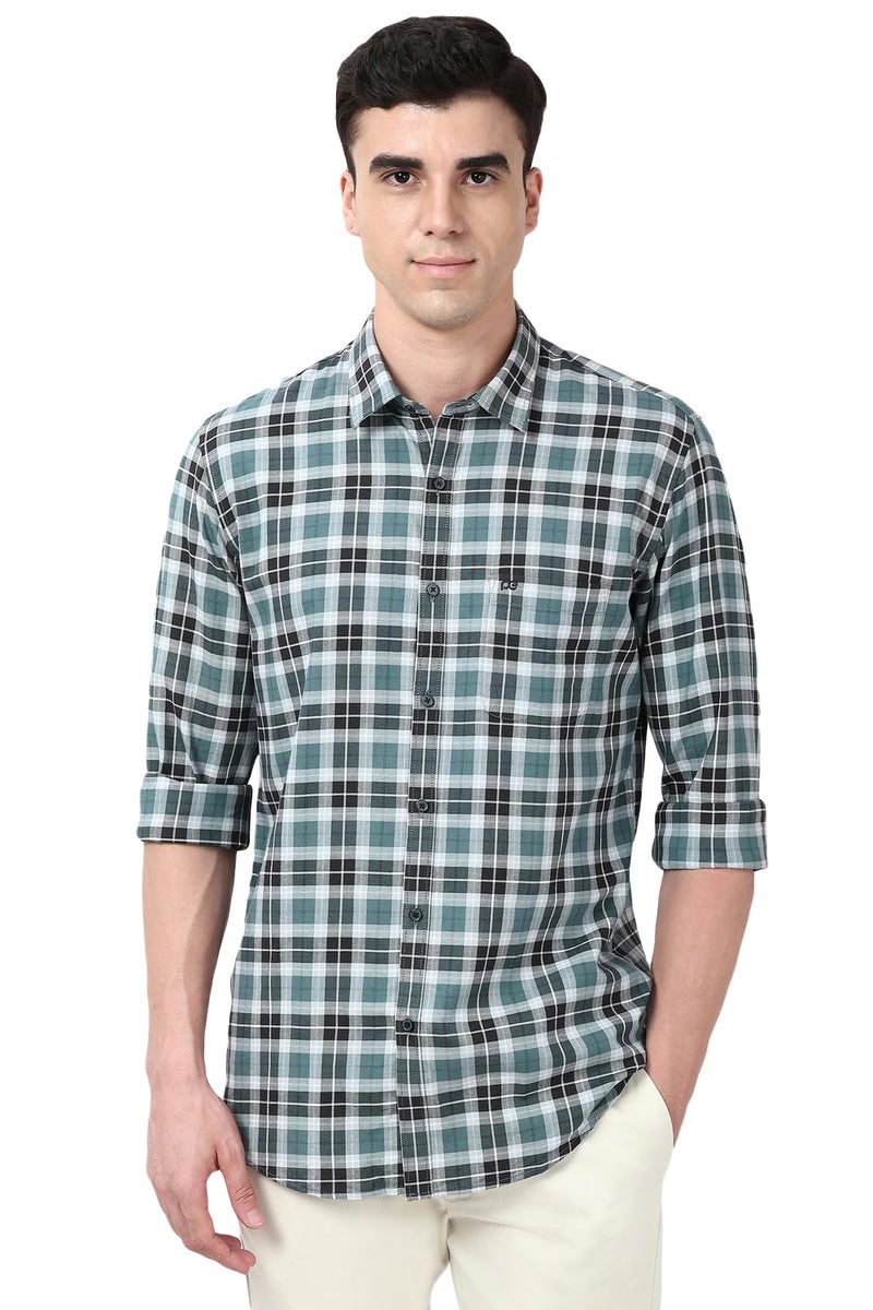 Peter England Slim Fit Dupplin Checkered Shirt for Men – Full Sleeves | Cotton | Smart & Stylish Medium Grey - Image 1
