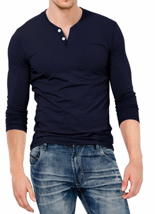 KUYIGO Men's Casual Slim Fit Long Sleeve Henley T-Shirts Cotton Shirts (Medium, Navy) - Image 1