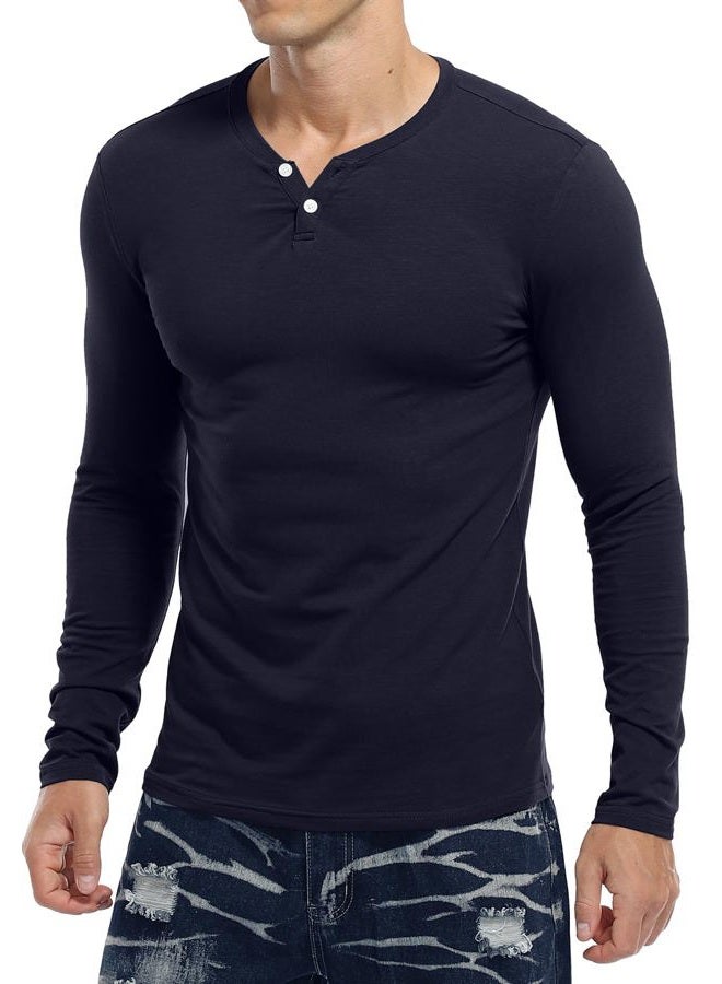 KUYIGO Men's Casual Slim Fit Long Sleeve Henley T-Shirts Cotton Shirts (Medium, Navy) - Image 5