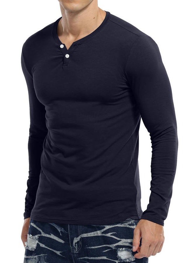 KUYIGO Men's Casual Slim Fit Long Sleeve Henley T-Shirts Cotton Shirts (Medium, Navy) - Image 4