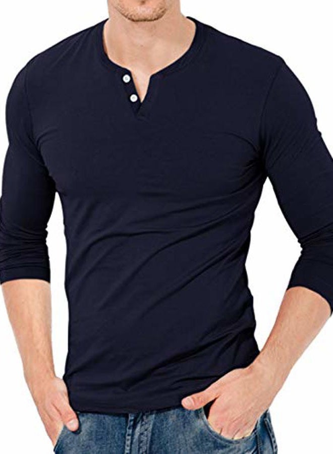 KUYIGO Men's Casual Slim Fit Long Sleeve Henley T-Shirts Cotton Shirts (Medium, Navy) - Image 2