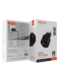 porodo GaN Dual-Port USB-A & Type-C QC 18W Quick Charger PD  20W Fast Charging with Simultaneous Charging & Built-In Safeguards / Reliable Companion / Over-Heat Protection / Type-C to Type-C Cable Included - Black  - Image 3