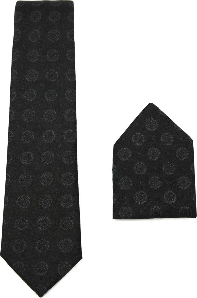 Tudors Classic Patterned Black Tie with Pocket Handkerchief