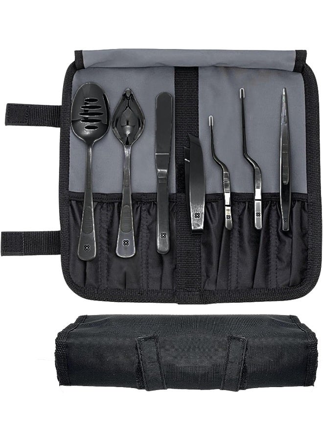 DOJA Barcelona | Chef Plating tools culinary set | BLACK | 7 Professional cooking Utensils | 3 kitchen tweezers Drawing Pencil Spoon Fish tongs Spatula Slotted spoon | Modernist cuisine food art  - Image 1
