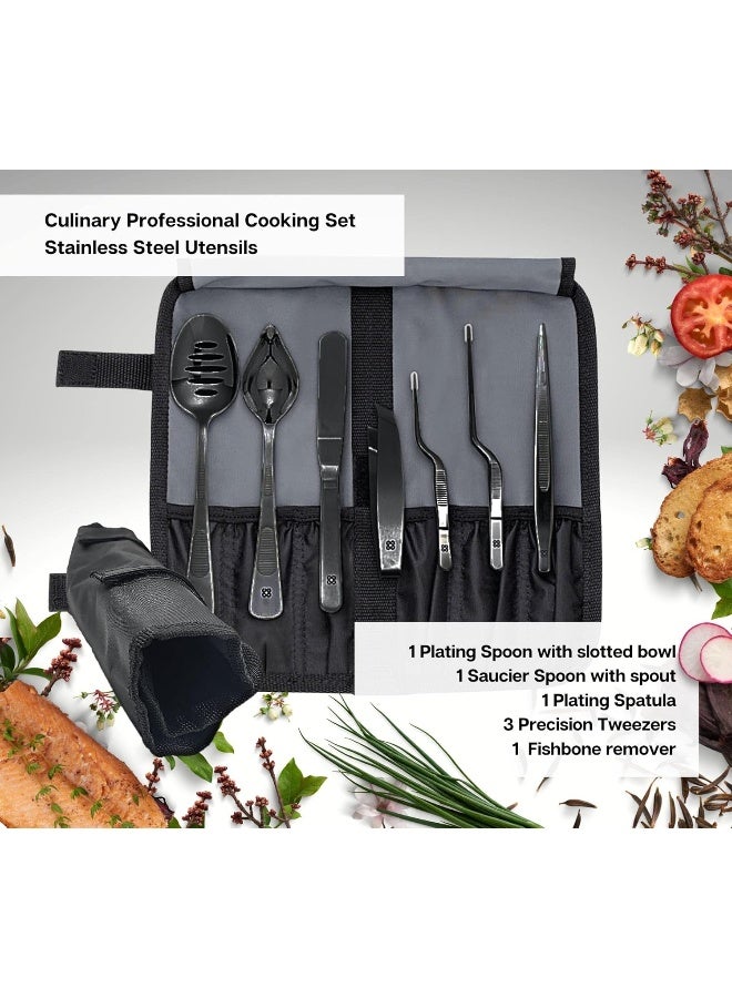 DOJA Barcelona | Chef Plating tools culinary set | BLACK | 7 Professional cooking Utensils | 3 kitchen tweezers Drawing Pencil Spoon Fish tongs Spatula Slotted spoon | Modernist cuisine food art  - Image 3