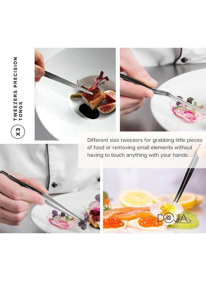 DOJA Barcelona | Chef Plating tools culinary set | BLACK | 7 Professional cooking Utensils | 3 kitchen tweezers Drawing Pencil Spoon Fish tongs Spatula Slotted spoon | Modernist cuisine food art  - Image 5