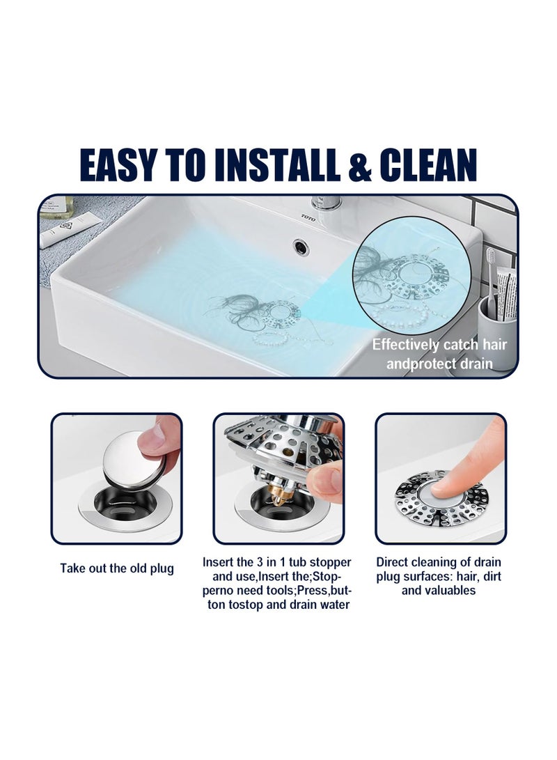 SOLARAE Pop Up Bathroom Sink Drain Strainer, Silver Universal 3-in-1 Sink Stopper for Bath Tub Drain Hole (1-3/8" to 2"), Sink Plug Bathtub Drain Strainer, with Shower Bathtub Hair Catcher, Plug Stopper Cover - Image 3