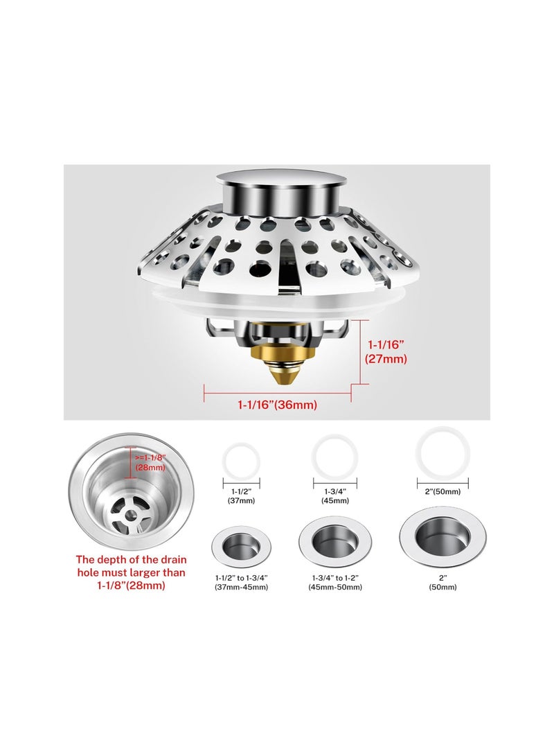 SOLARAE Pop Up Bathroom Sink Drain Strainer, Silver Universal 3-in-1 Sink Stopper for Bath Tub Drain Hole (1-3/8" to 2"), Sink Plug Bathtub Drain Strainer, with Shower Bathtub Hair Catcher, Plug Stopper Cover - Image 5
