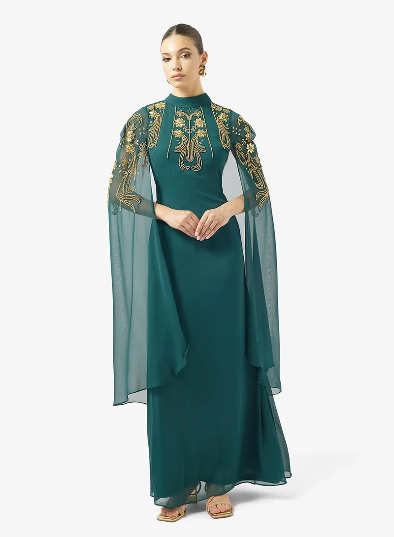 Frock And Frill  Embellished Cape Sleeve High Neck Maxi Dress for Women | Best Price UAE
