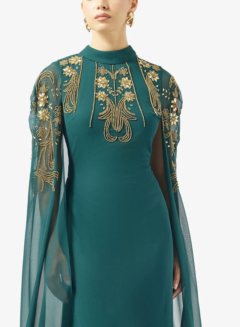 Frock And Frill  Embellished Cape Sleeve High Neck Maxi Dress for Women | Best Price UAE