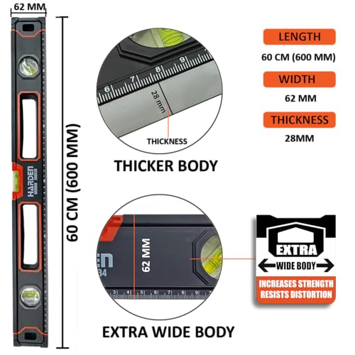Harden 600mm Spirit Level with Magnetic Base, Heavy Duty Aluminium Frame Body, Rubber Handle - 580536 - Image 2