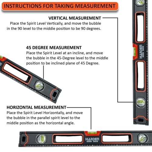 Harden 600mm Spirit Level with Magnetic Base, Heavy Duty Aluminium Frame Body, Rubber Handle - 580536 - Image 3