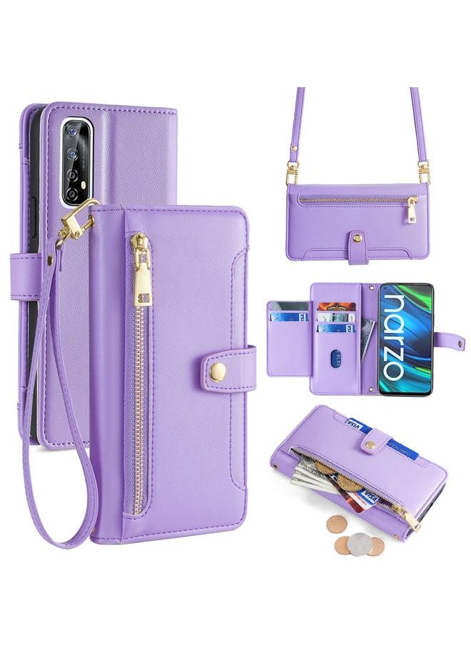 HuHa Case Cover For Realme 7 / Narzo 20 Pro Sheep Texture Cross-body Zipper Wallet Leather Phone Case Purple 