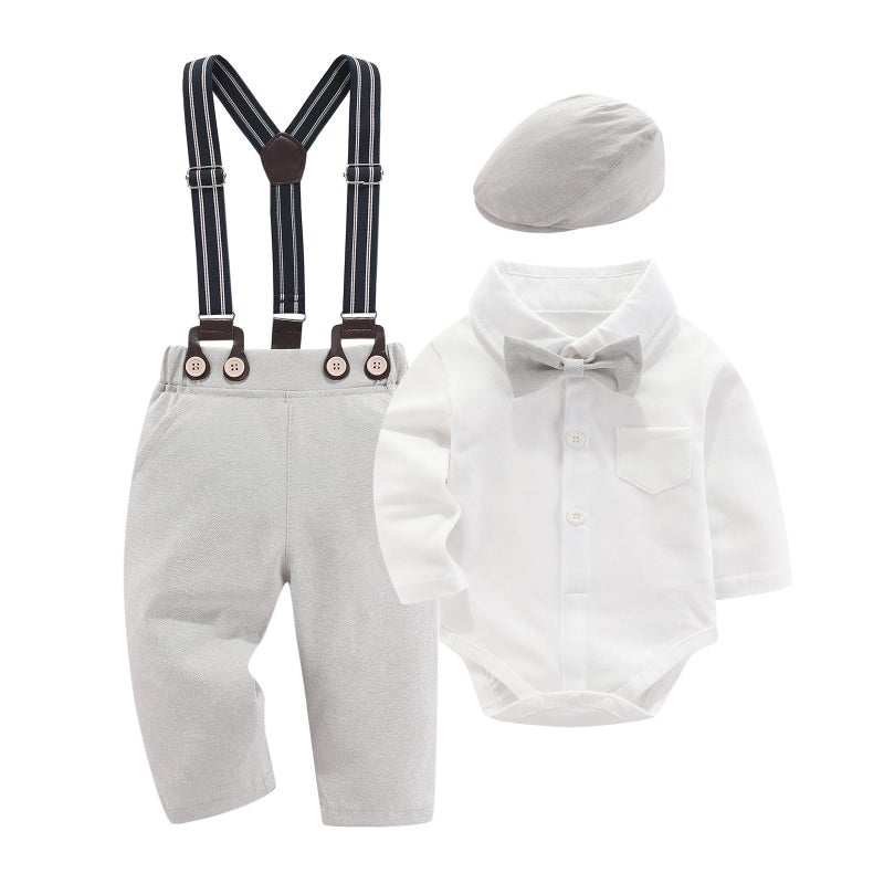 Hresadio Baby Boy Clothes Suit Formal Infant Gentleman Outfits Dress Long Sleeve White Shirt Beret Hat Suspender Pants Bow Tie Wedding Set 1218 Months 