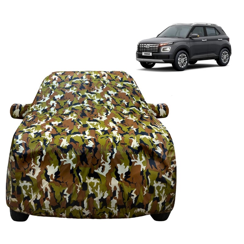 VYAS 100% Waterproof Car Body Cover for Hyundai Venue (2019-2025) with Mirror Pocket Triple Stitched Belt & Buckle Fitting Dual Elastic, Durable Material Jungle Print Camouflage Design - Image 1