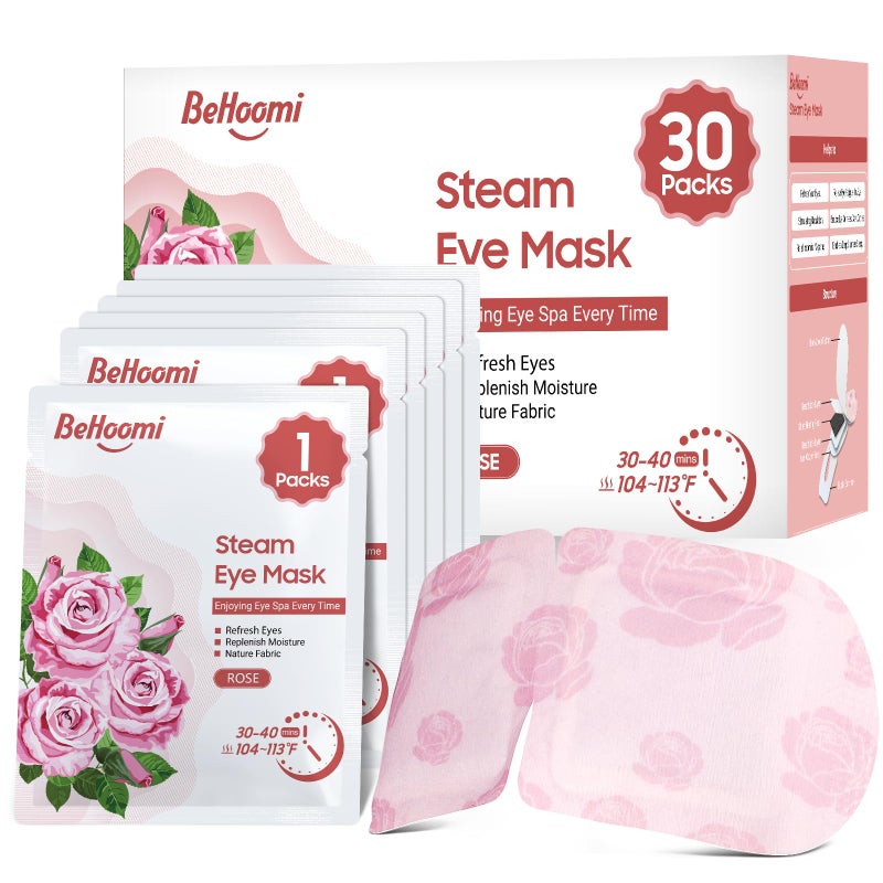 BeHoomi 30Packs Steam Eye Mask, Heated Eye Mask Warm Compress for Eyes, Self Heating Disposable Steam Mask for Home Sleep, Spa, Travel Essentials & Relaxation Gifts, Stocking Stuffers (Rose) - Image 1