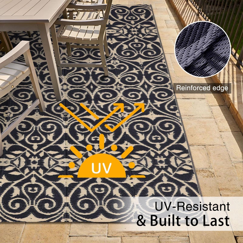 OLANLY Outdoor Rug Waterproof 5x8 ft Clearance, Reversible Outdoor Plastic Straw Rug with Floral Pattern, RV Mat for Patio, Camping, Balcony, Deck, Backyard, Black & Beige - Image 4