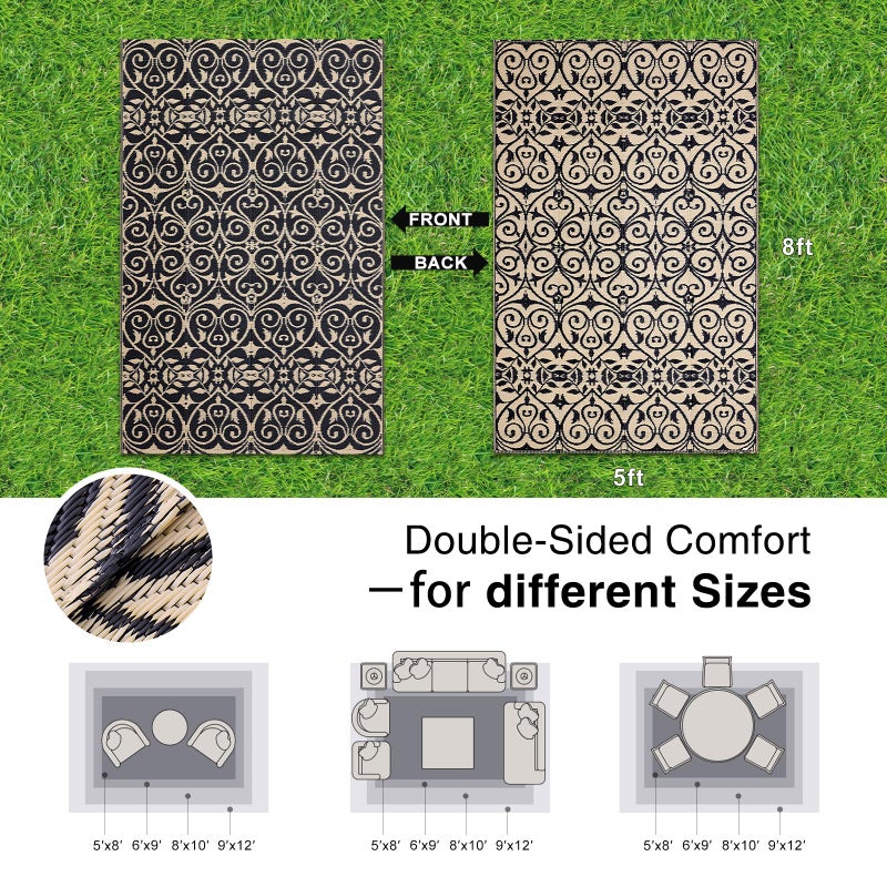 OLANLY Outdoor Rug Waterproof 5x8 ft Clearance, Reversible Outdoor Plastic Straw Rug with Floral Pattern, RV Mat for Patio, Camping, Balcony, Deck, Backyard, Black & Beige - Image 2
