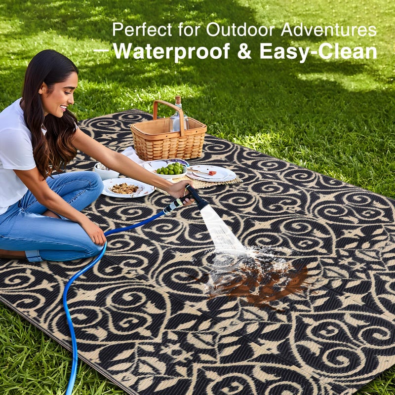 OLANLY Outdoor Rug Waterproof 5x8 ft Clearance, Reversible Outdoor Plastic Straw Rug with Floral Pattern, RV Mat for Patio, Camping, Balcony, Deck, Backyard, Black & Beige - Image 3