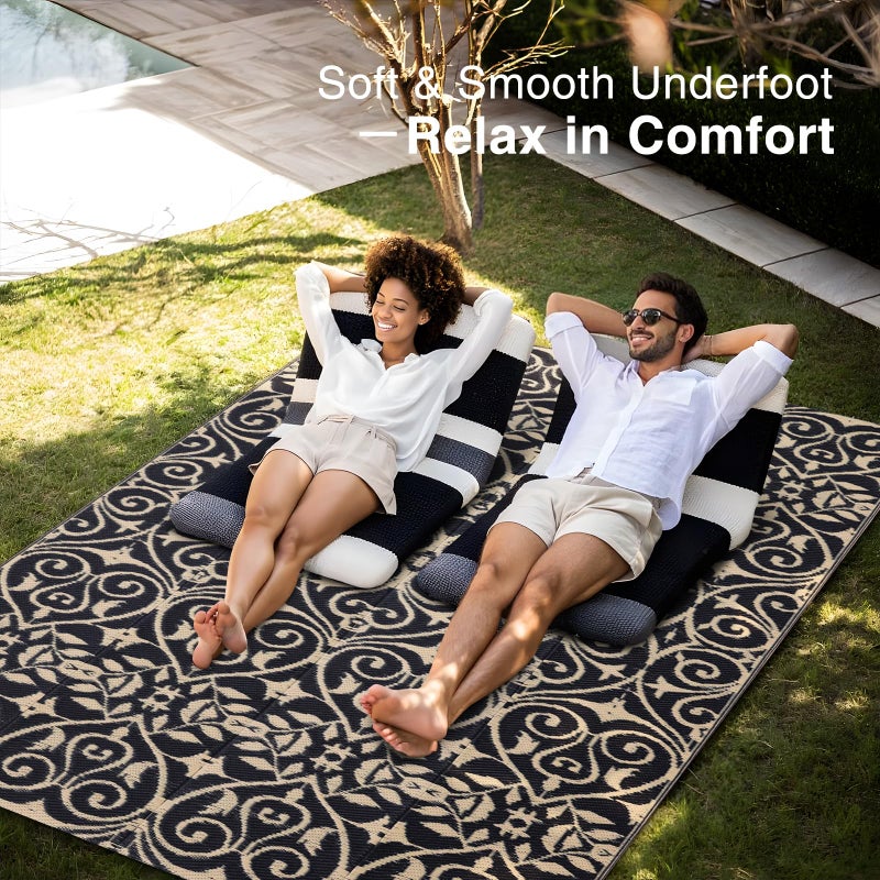 OLANLY Outdoor Rug Waterproof 5x8 ft Clearance, Reversible Outdoor Plastic Straw Rug with Floral Pattern, RV Mat for Patio, Camping, Balcony, Deck, Backyard, Black & Beige - Image 5