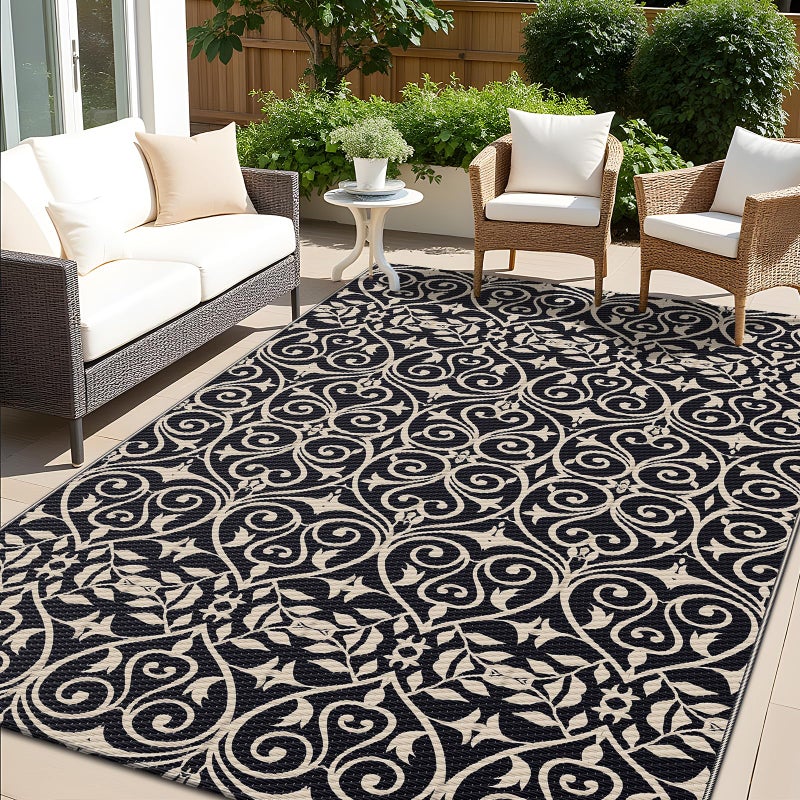 OLANLY Outdoor Rug Waterproof 5x8 ft Clearance, Reversible Outdoor Plastic Straw Rug with Floral Pattern, RV Mat for Patio, Camping, Balcony, Deck, Backyard, Black & Beige - Image 1