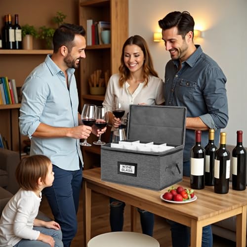 HURZMORO Wine Glass Storage Box with Dividers – Durable Oxford Fabric Stemware Case for 12 Highball Glasses,Stackable & Portable Wine Glass Storage Box with Handles & Zipper for Safe Moving (2-Pack) - Image 5