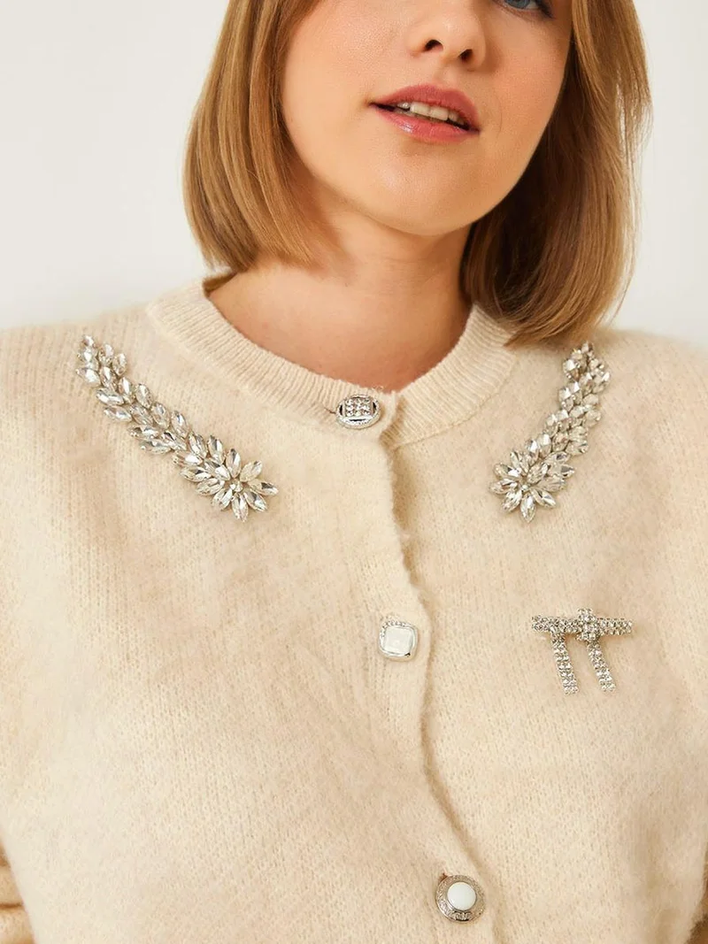 Bianco Lucci LUCCI Embellished Crew Neck Long Sleeve Cardigan