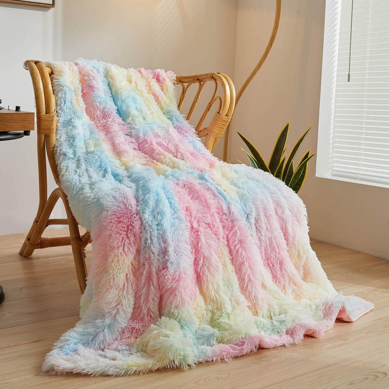 XeGe Plush Faux Fur Rainbow Throw Blanket Tie Dye Shaggy Furry Blanket Throw Single Fluffy Microfiber Velvet Couch Blanket Soft Colorful Fuzzy Lap Blanket for Girls Teens Women Kid Rainbow Print