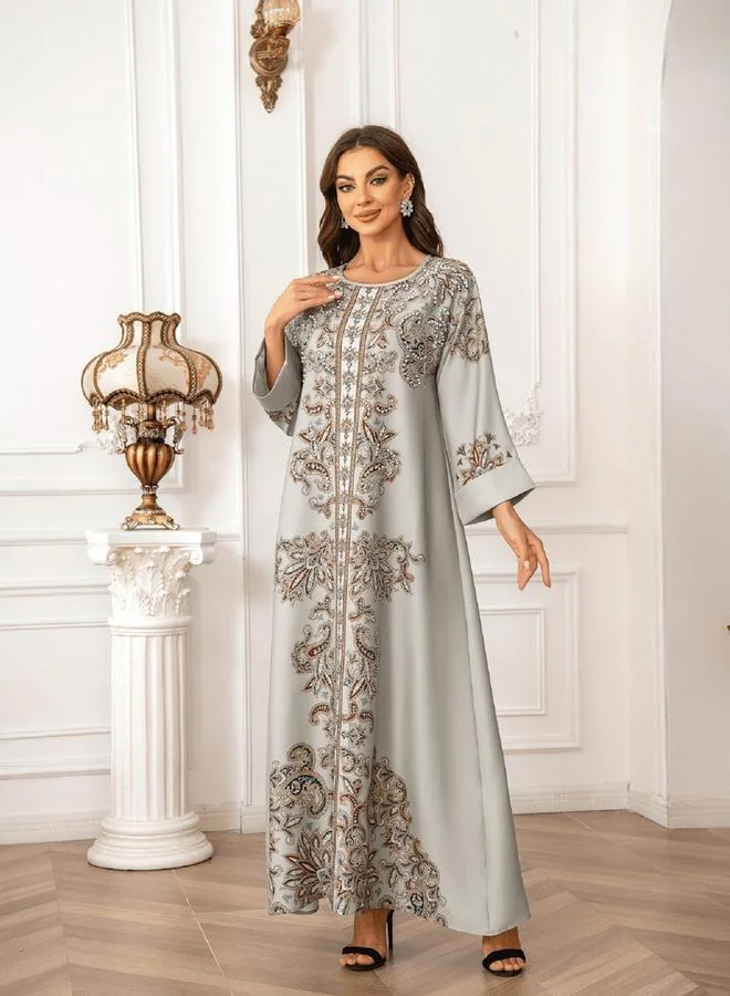 Take Two Floral Print Embellished Faux Pearl Detail Jalabiya