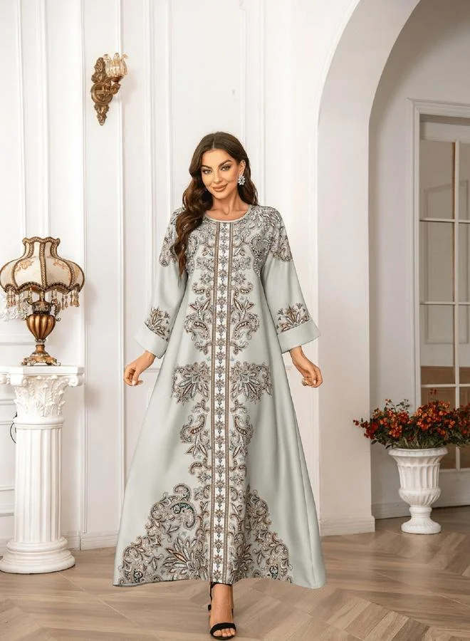 Take Two Floral Print Embellished Faux Pearl Detail Jalabiya