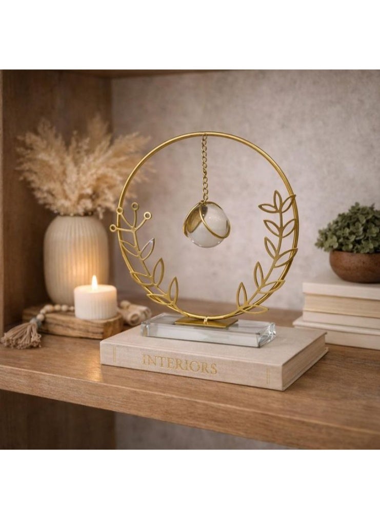 Modern Gold Decor Object - Metal Leaf Sculpture with Hanging Glass Ball - Crystal Base - Luxury Office & Home Art (20 cm)