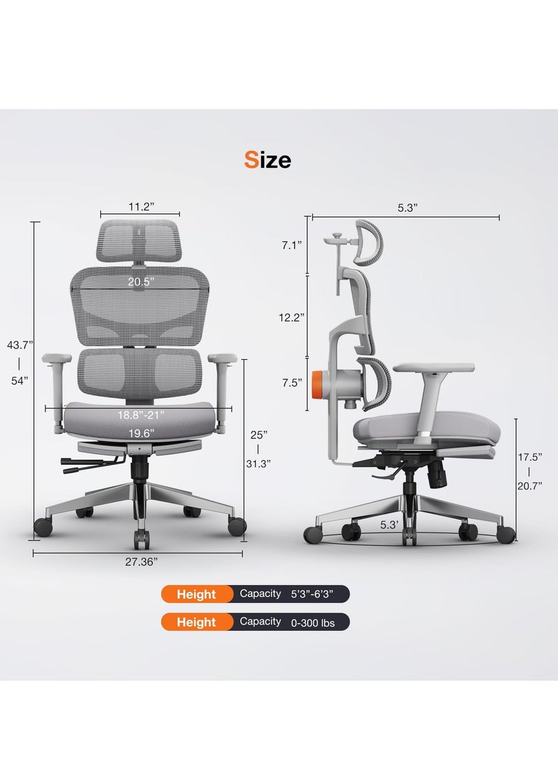 DROGO - Premium Ergonomic Office Chair for Work from Home, High Back Computer Chair with Adaptive Lumbar Support & 5D Headrest, 4D Armrest, Footrest & Recline, Desk Mesh Chair for Office/Home (Grey) - Image 1