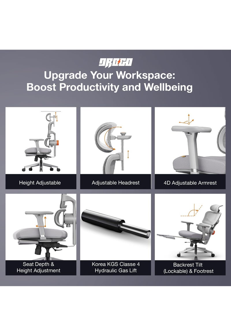 DROGO - Premium Ergonomic Office Chair for Work from Home, High Back Computer Chair with Adaptive Lumbar Support & 5D Headrest, 4D Armrest, Footrest & Recline, Desk Mesh Chair for Office/Home (Grey) - Image 1