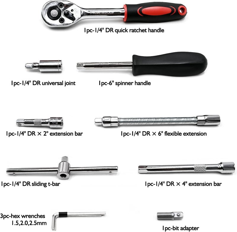 EGOFINE 46 Pieces 1/4 inch Drive Socket Ratchet Wrench Tool Set with Bit Socket Set and Extension Bar - Image 3