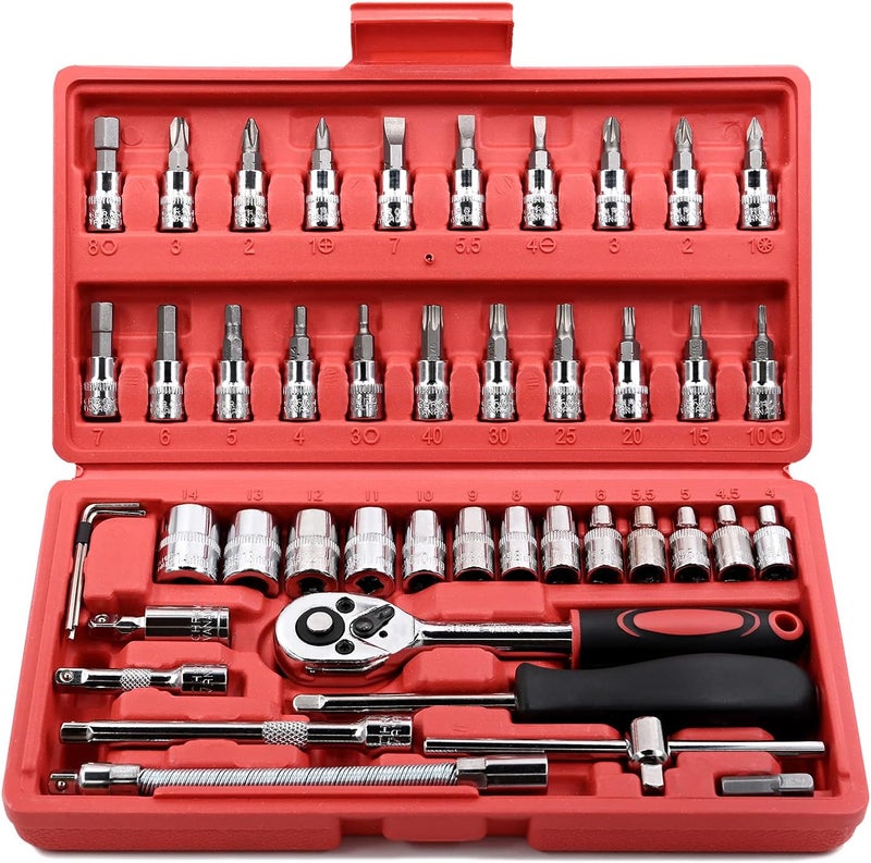 EGOFINE 46 Pieces 1/4 inch Drive Socket Ratchet Wrench Tool Set with Bit Socket Set and Extension Bar - Image 1