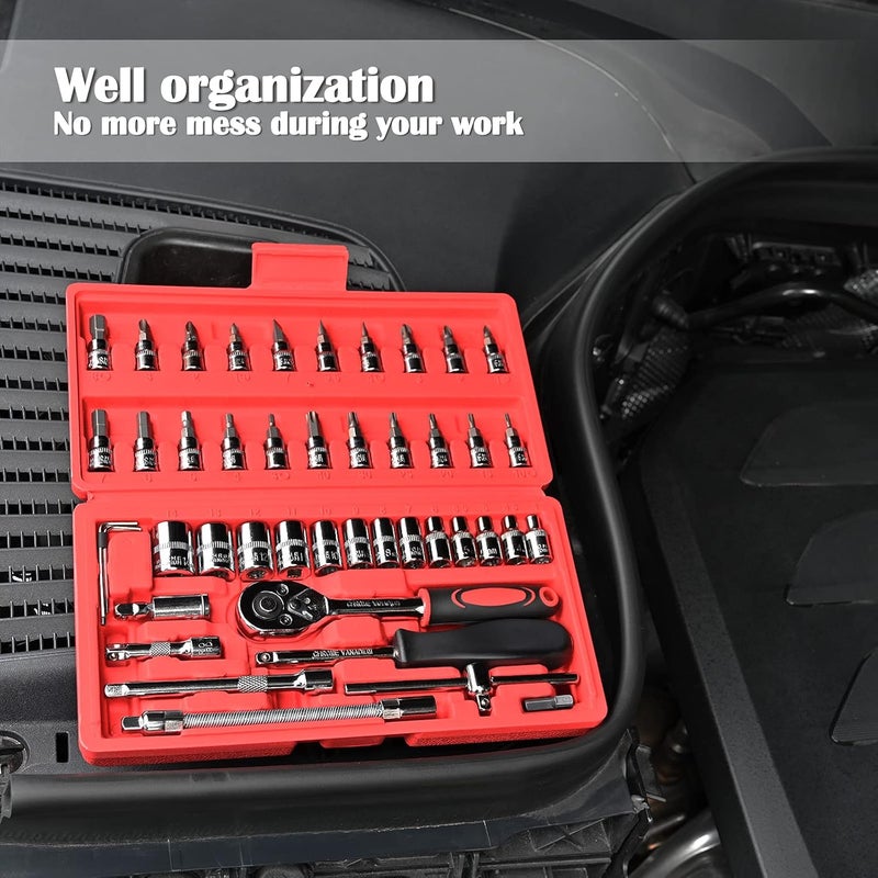 EGOFINE 46 Pieces 1/4 inch Drive Socket Ratchet Wrench Tool Set with Bit Socket Set and Extension Bar - Image 5