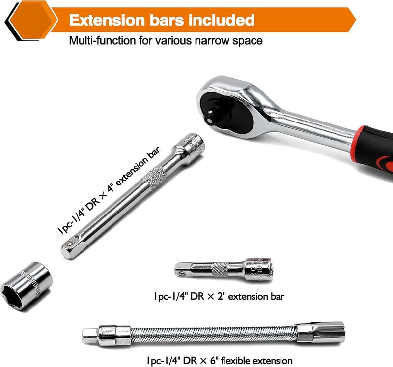 EGOFINE 46 Pieces 1/4 inch Drive Socket Ratchet Wrench Tool Set with Bit Socket Set and Extension Bar - Image 4