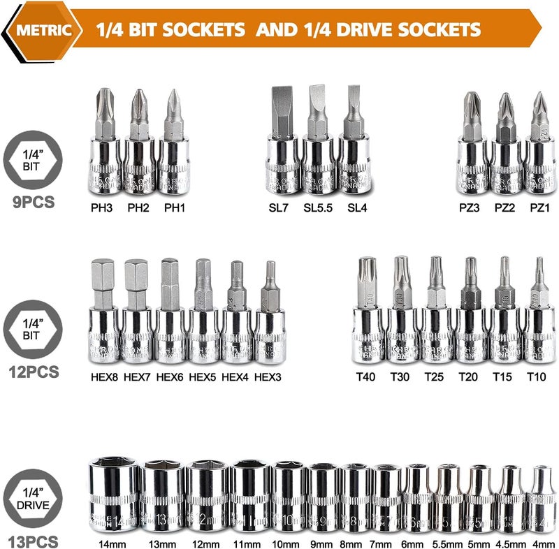 EGOFINE 46 Pieces 1/4 inch Drive Socket Ratchet Wrench Tool Set with Bit Socket Set and Extension Bar - Image 2