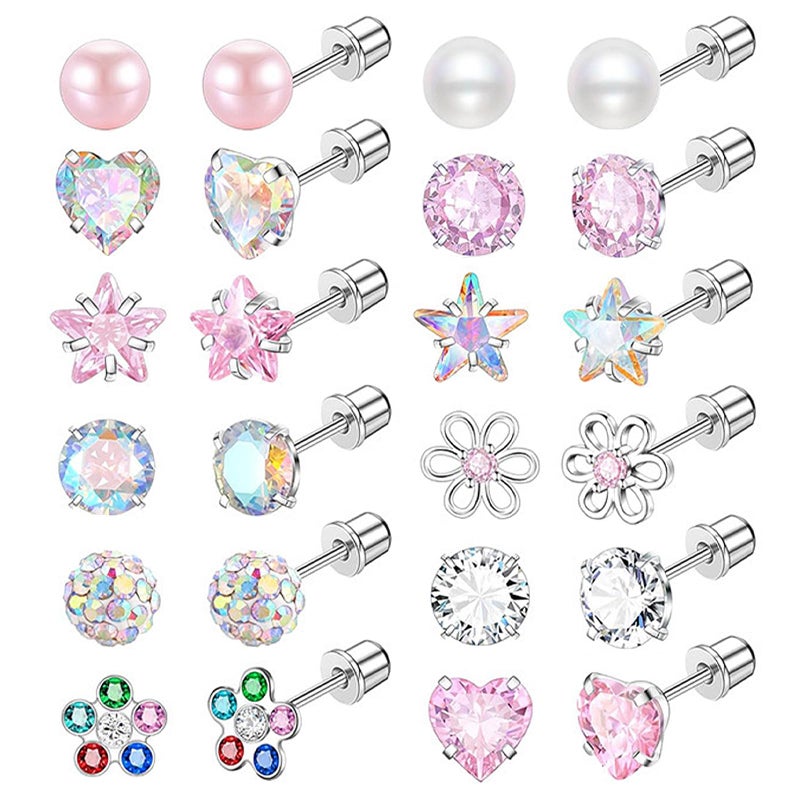 NEWITIN 12 Pairs Small Stud Earrings for Girls Hypoallergenic Earring Inlaid Cubic Zirconia Earring Surgical Stainless Studs Tiny Screw Back Cartilage Earrings for Women Girls - Image 1