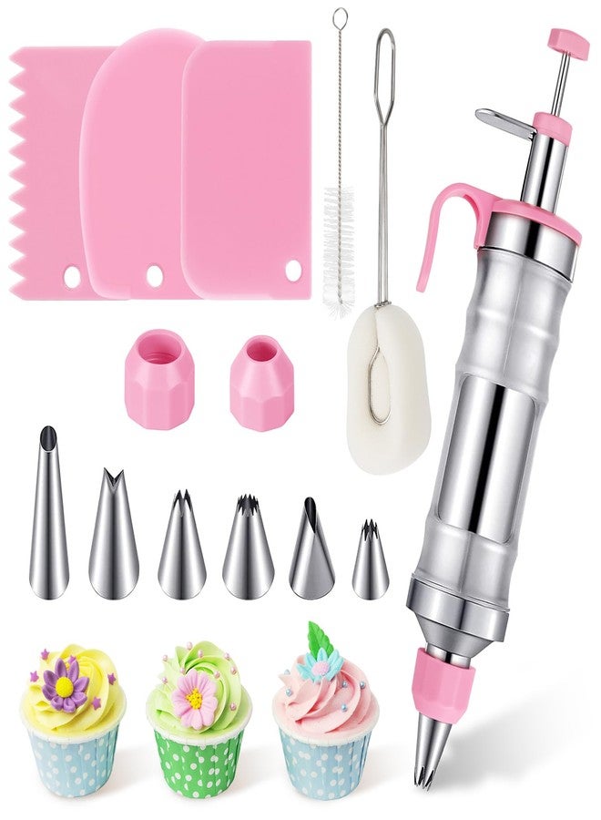 Kytree Dessert Decorating Syringe Set, Pink Icing Decoration Set Stainless Steel Cupcake Injector/Decorating Icing Set with 6 Nozzle, 3 Scrapers, 2 Brushes for Christmas Xmas Baking Biscuit Cake Decoration - Image 1