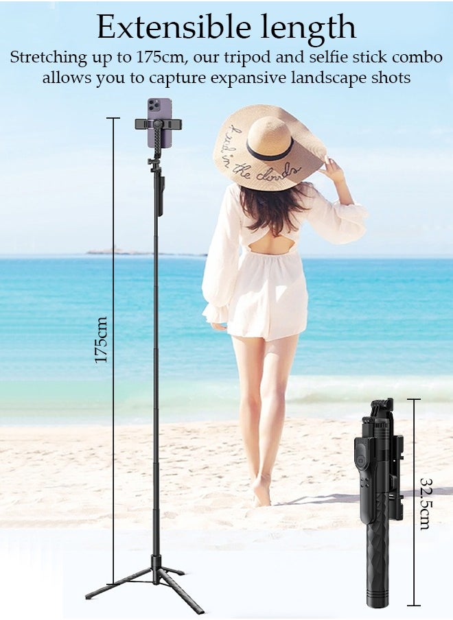 DUNISO - Selfie Stick,Extendable Double phone clip Cell Phone Tripod ,Rotate Phone Tripod with Bluetooth Remote Shutter and Fill Lights,Group Selfies/Live Streaming/Video Recording Compatible with All Phones - Image 1