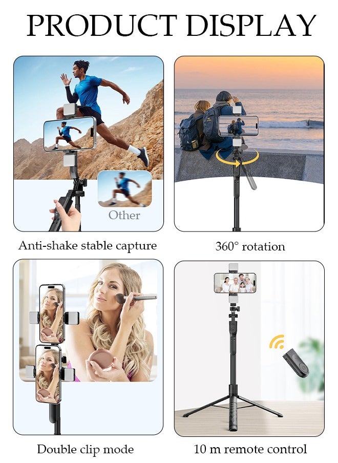 DUNISO - Selfie Stick,Extendable Double phone clip Cell Phone Tripod ,Rotate Phone Tripod with Bluetooth Remote Shutter and Fill Lights,Group Selfies/Live Streaming/Video Recording Compatible with All Phones - Image 1