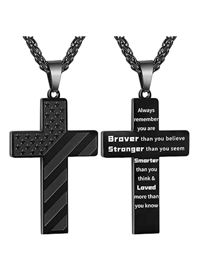 Arabest 18+2 Inch Cross Necklace Bible Verse Stainless Steel American Flag Pendant Chain for Men Boys Jewelry Gift - Image 1