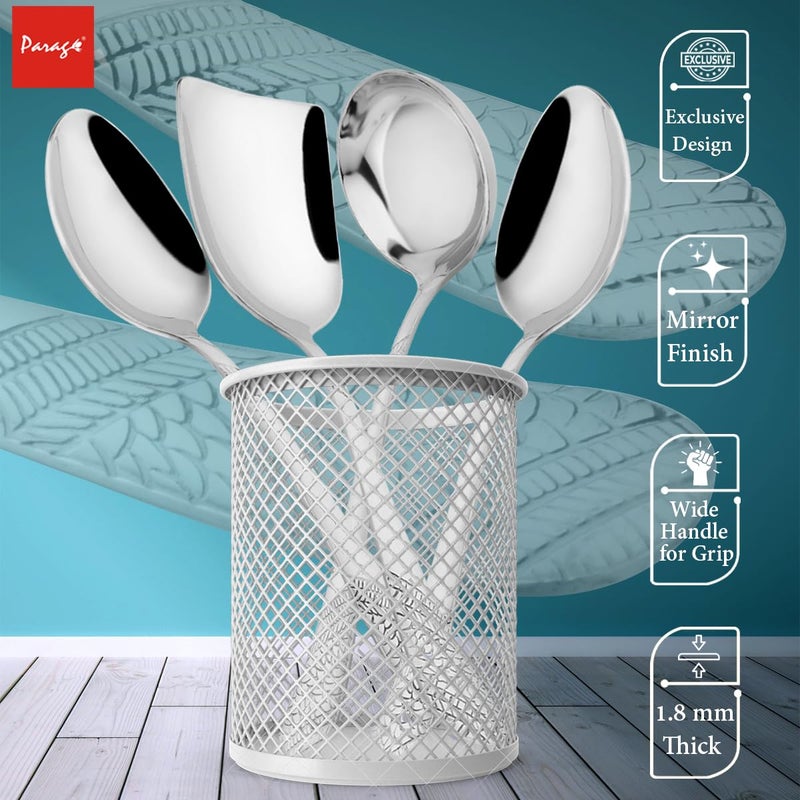 Parage طقم ملاعق تقديم من الفولاذ المقاوم للصدأ 4 قطع لطاولة الطعام/المطبخ، 1.8 مم سميك (1 ملعقة شوربة (كارشي)، 1 ملعقة صلبة (تشامشا)، 2 ملعقة أرز/تقديم)، فضي (عبوة من 4) - Image 2