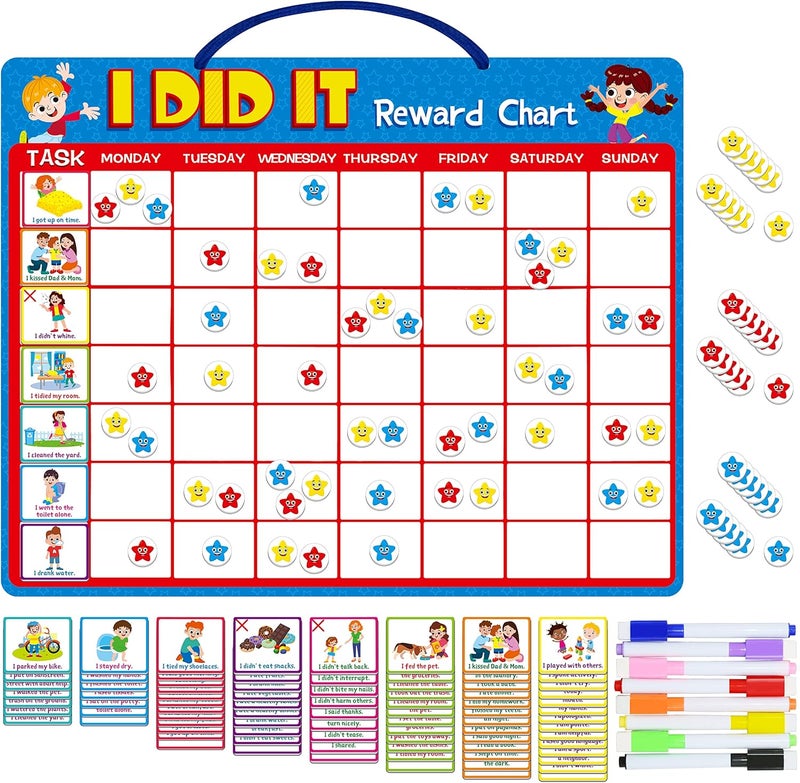 SpriteGru Magnetic Reward Chart, Dry Erase Kids Behavior Responsibility Task Board-84 Chores (Including 7 Blanks), 272 Magnetic Stars, 8 Markers & 3 Name Cards-Good Behavior Daily Routine to Motivate Kids - Image 1