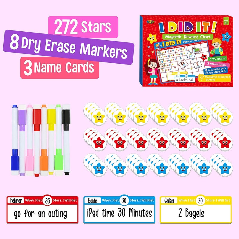 SpriteGru Magnetic Reward Chart, Dry Erase Kids Behavior Responsibility Task Board-84 Chores (Including 7 Blanks), 272 Magnetic Stars, 8 Markers & 3 Name Cards-Good Behavior Daily Routine to Motivate Kids - Image 3