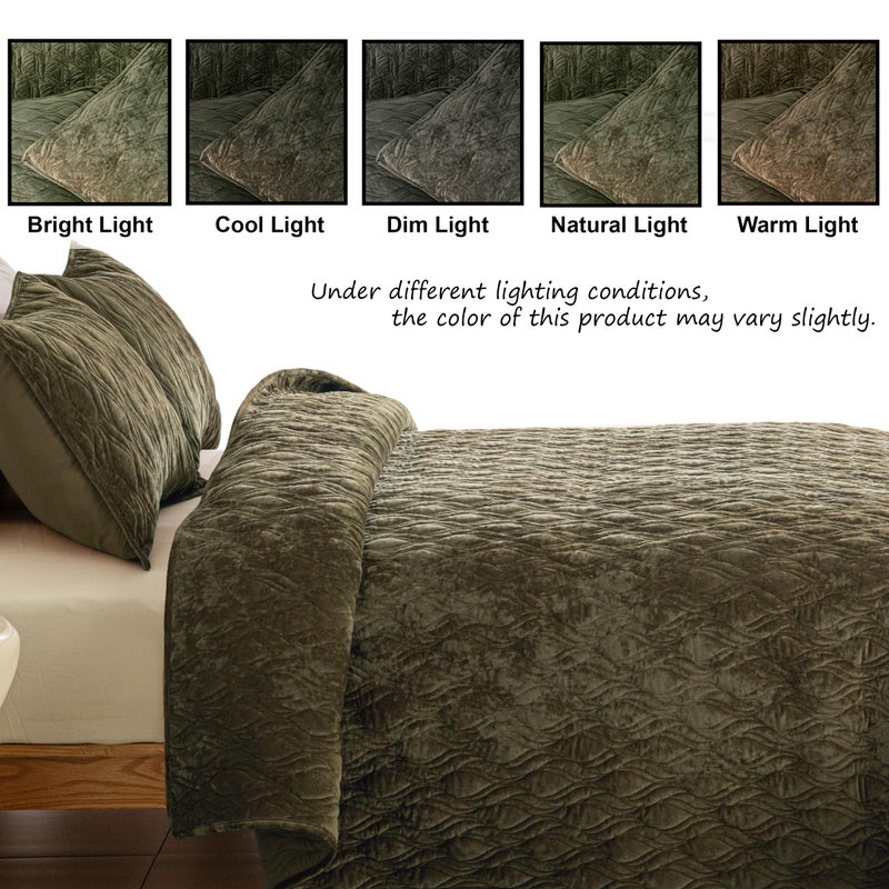LR Rocaloca Luxury Oversized King Quilt 120x120 Bedspreads Coverlet Bedding Set Velvet Comforter King Size 3 Pieces Set with 1 Quilted Beauty Bedspreads and 2 Pillow Shams 20x36,Army Green - Image 3